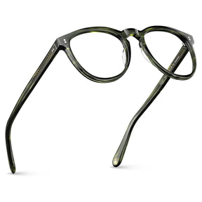Premium green black tortoise acetate eyeglasses detail showing Italian craftsmanship and unique color pattern