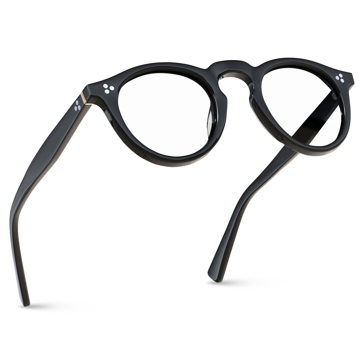 Premium acetate eyeglasses detail closeup showing three metal rivet temple design Italian craftsmanship and quality hardware fly