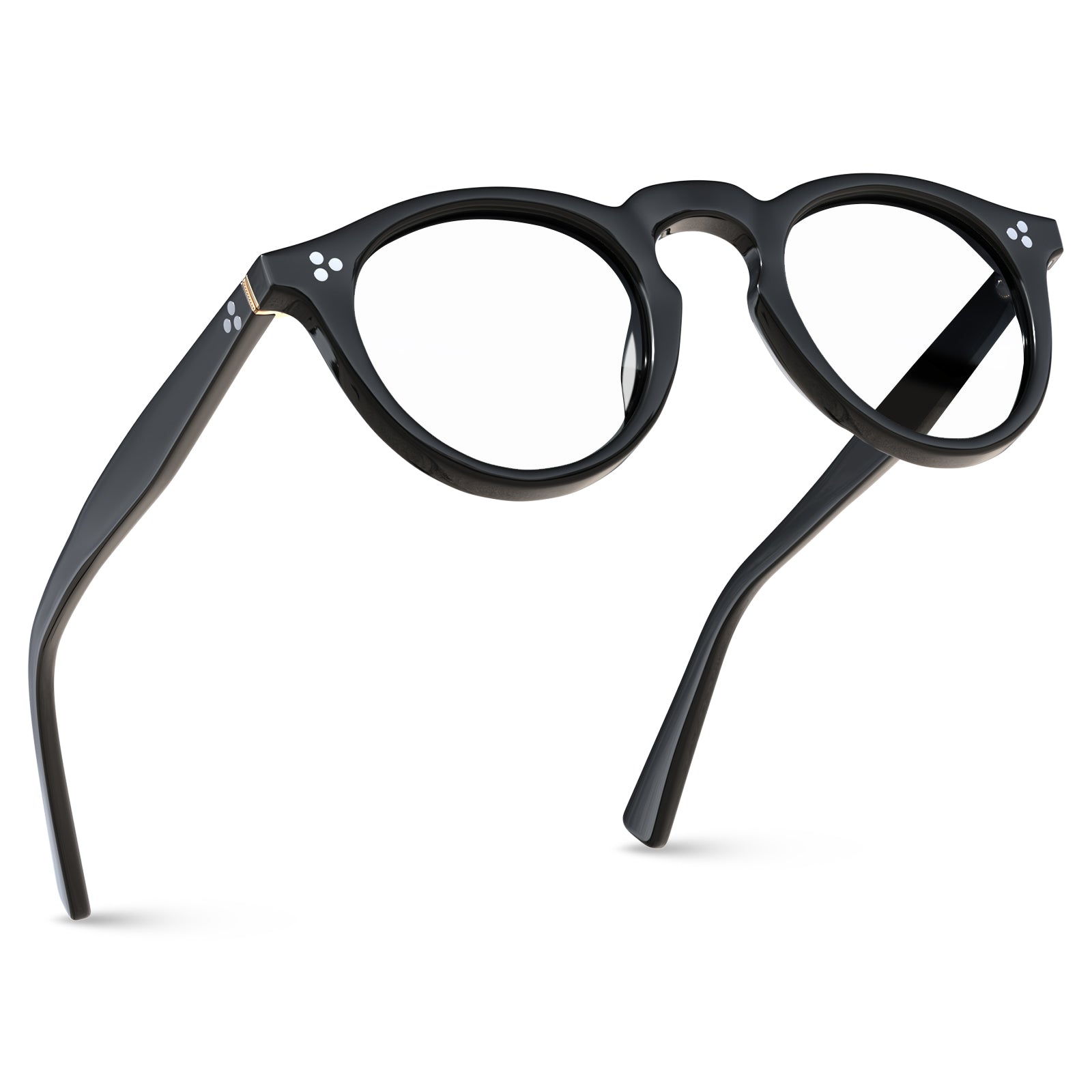 Premium acetate eyeglasses detail closeup showing three metal rivet temple design Italian craftsmanship and quality hardware fly