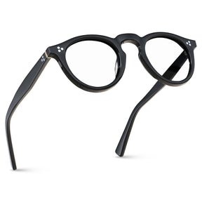 Premium acetate eyeglasses detail closeup showing three metal rivet temple design Italian craftsmanship and quality hardware fly