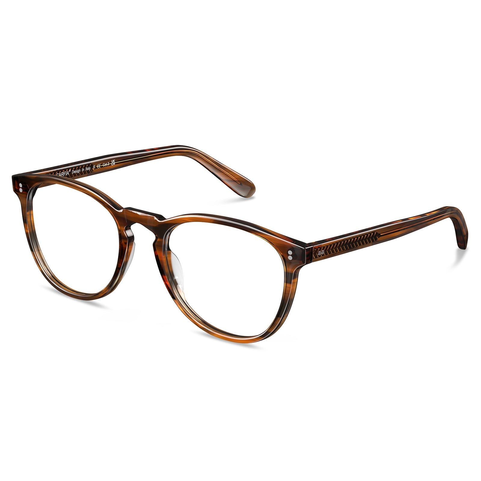 Premium striped brown acetate eyeglasses side profile showing full rim design and temple details lightweight frames